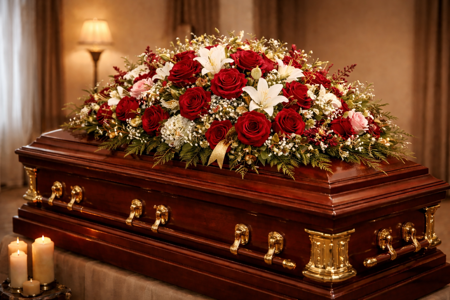 A wooden coffin with flowers on top of it in a church.
