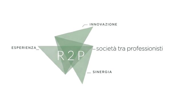 R2P logo with green triangular shapes and text “innovazione,” “esperienza,” “sinergia,” and “società tra professionisti”