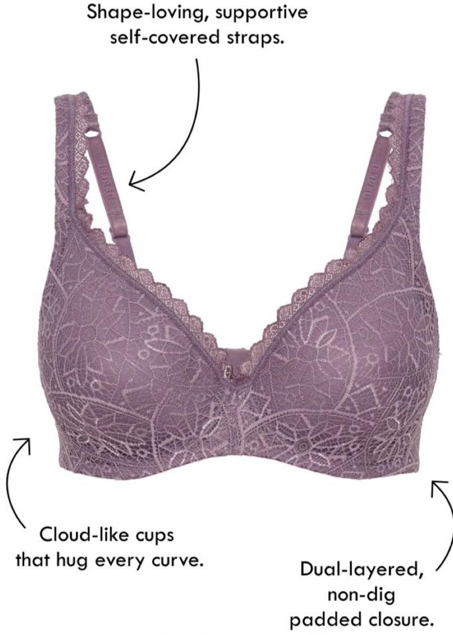 A Purple Lace Bra With Labels Pointing to Its Supportive Straps — La Bra Boutique in Rockhampton, QLD