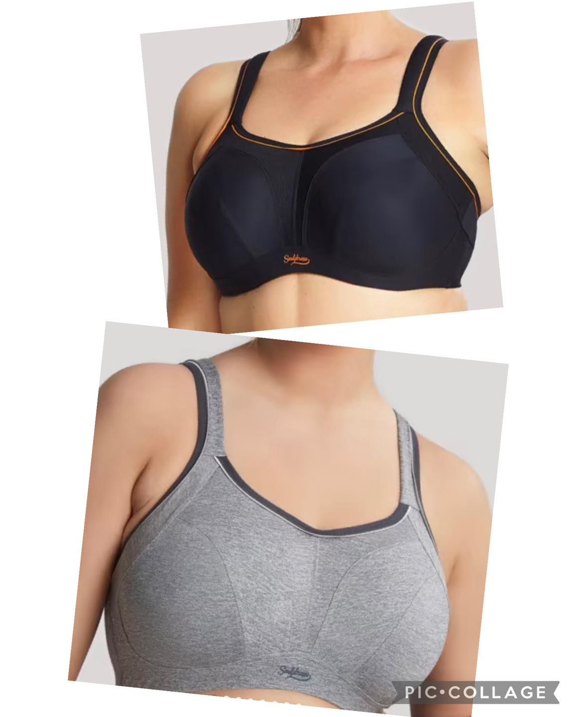 A Collage Showing Two Sports Bras, One Black With Orange Trim — La Bra Boutique in Rockhampton, QLD