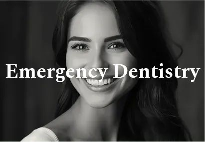 Woman smiling, black and white photo; text overlay: 