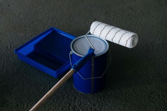 A blue paint tray, a closed blue paint can, and a paint roller resting on the can against a dark gray background.