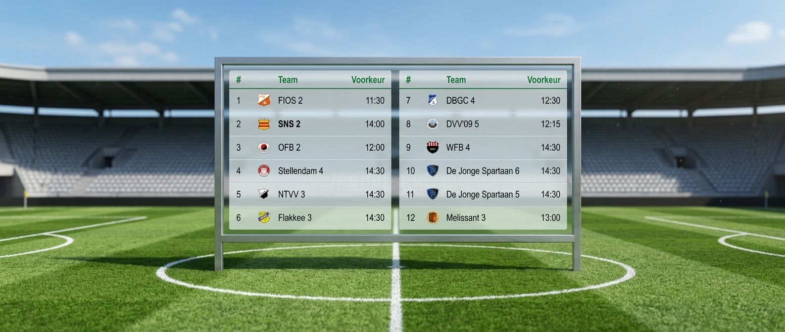 Soccer stadium with a centered scoreboard listing match lineups and player icons