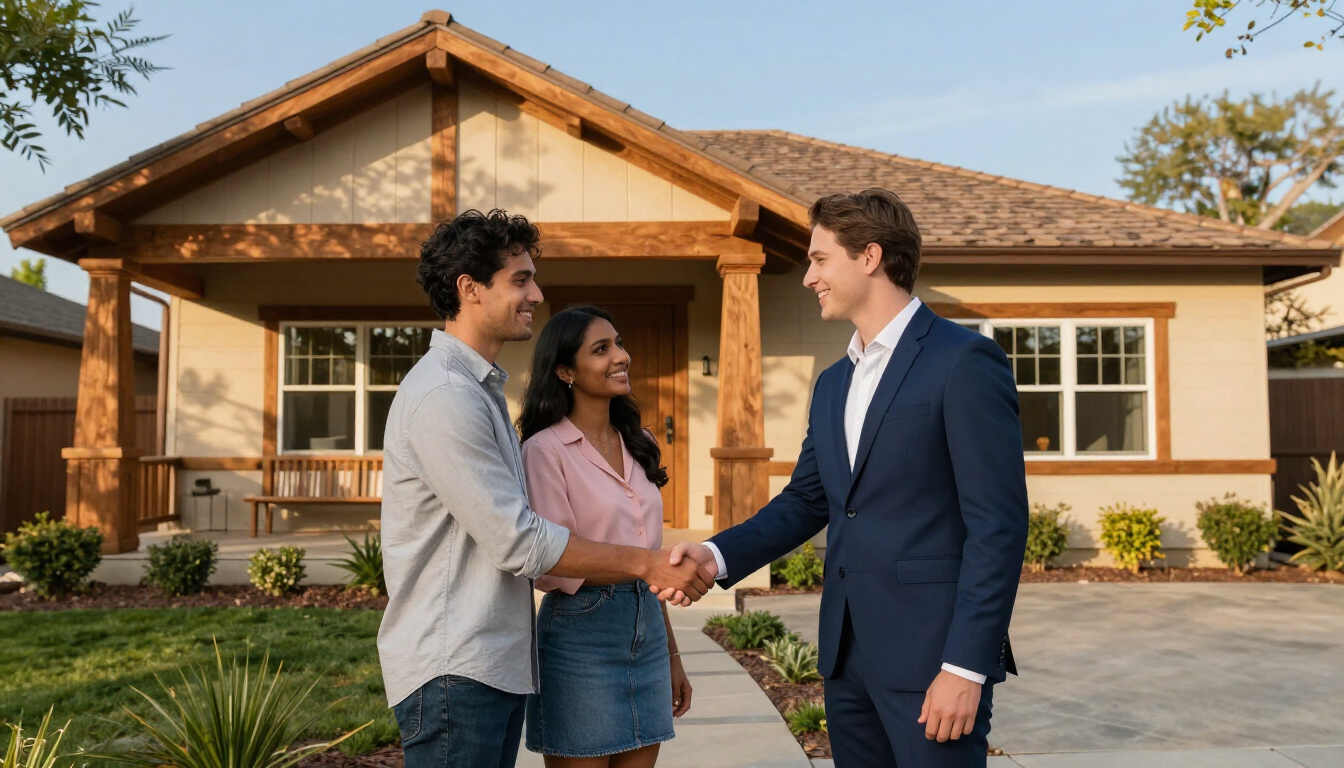 A professional realtor greeting a young couple in front of a beautiful Inland Empire home