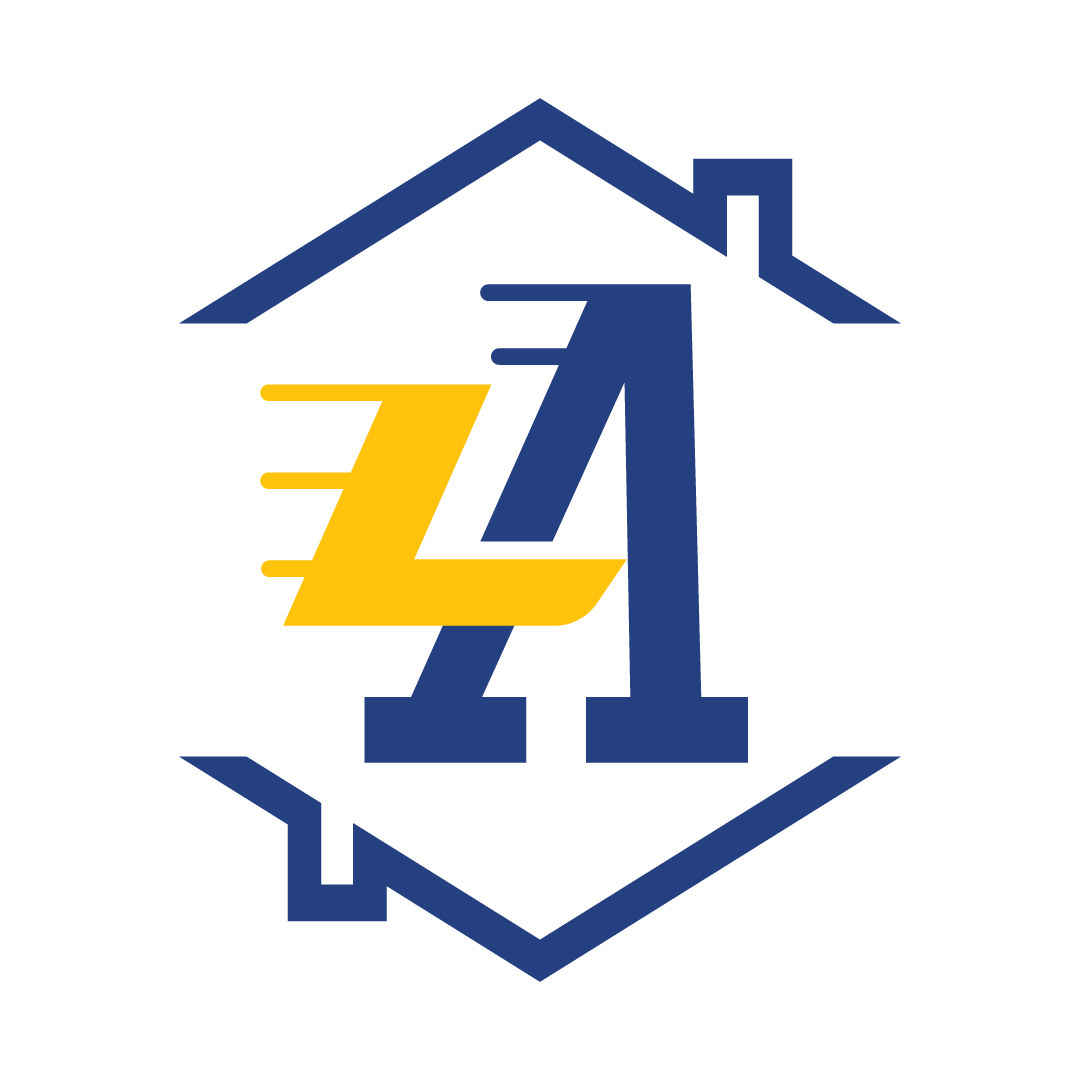 Blue and yellow ZI logo inside a house outline