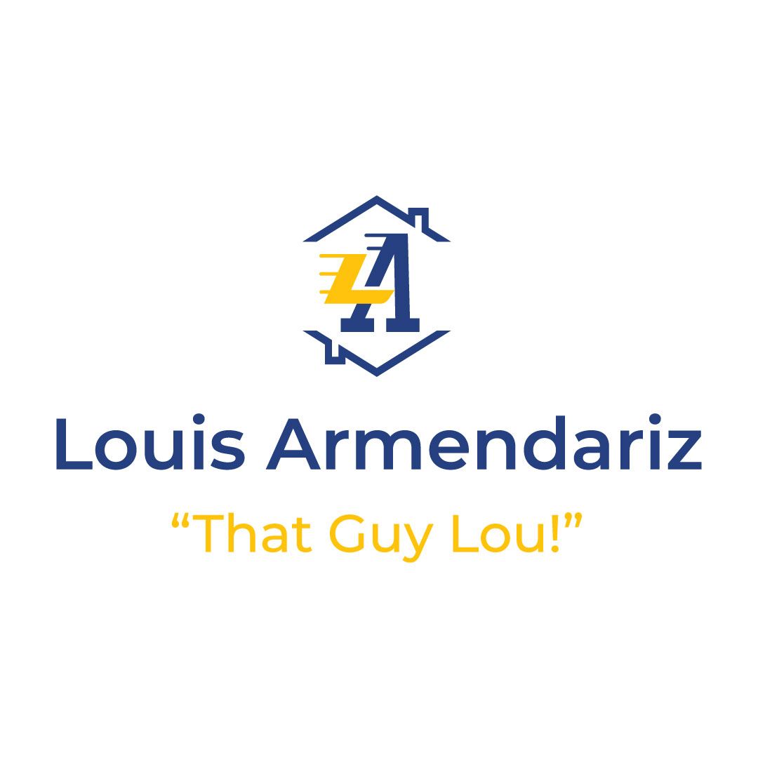 Logo for Louis Armendariz, featuring a stylized house with blue and yellow name initials,