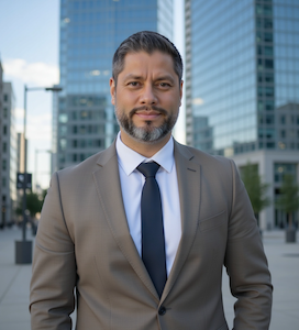 Man in a tan suit and navy tie standing outdoors in a modern city plaza with glass buildings.