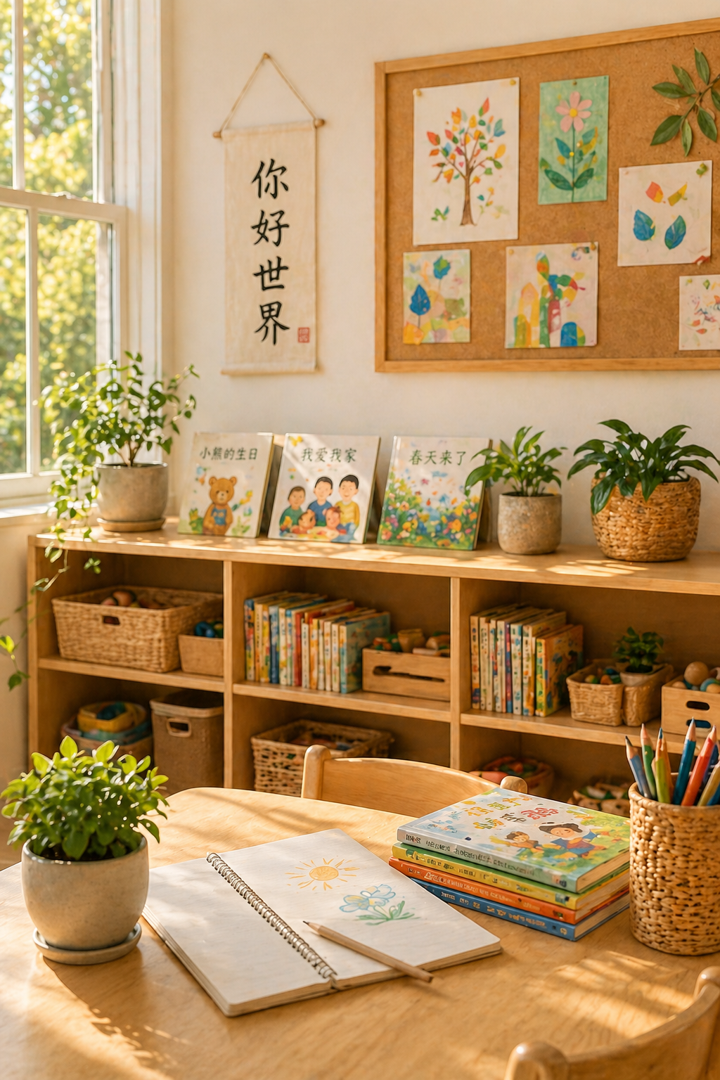 Sunlit study desk with open notebook, books, plants, and children’s drawings on a wooden shelf and wall display