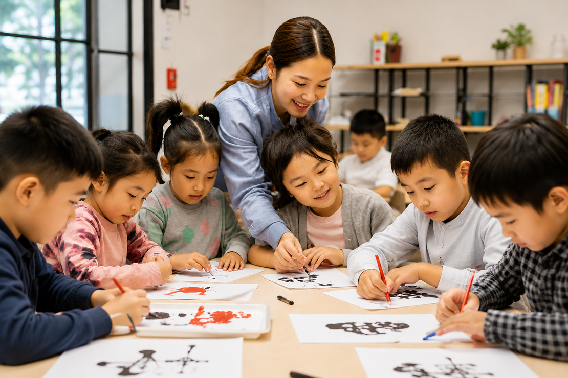 Teacher and children drawing together at a classroom table, smiling and focused on art activities.