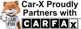 Car-X fox with phone and Car-X text proudly partners with Carfax text with logo.
