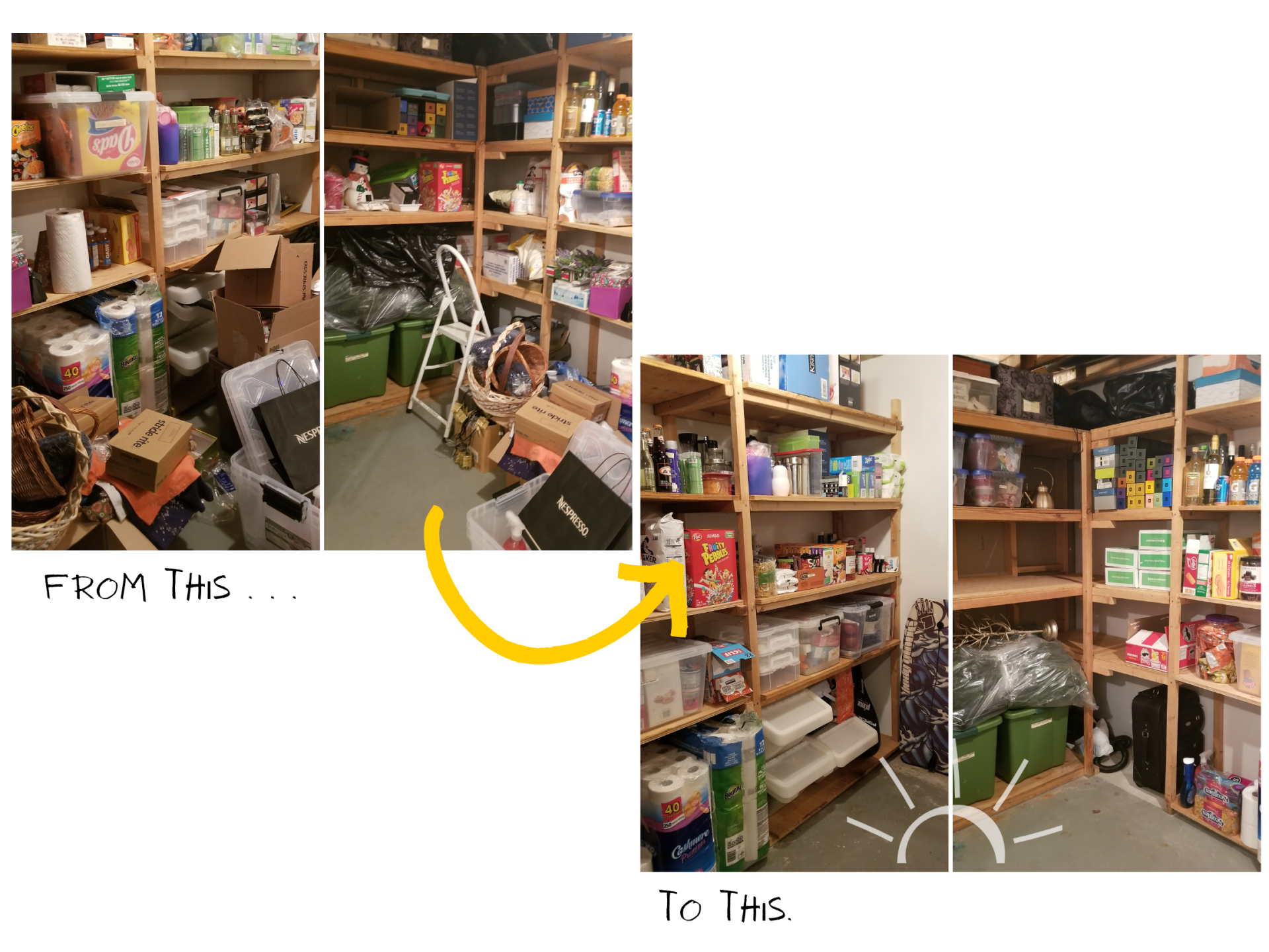 A before and after photo of a cluttered storage room with a yellow arrow pointing to the change.