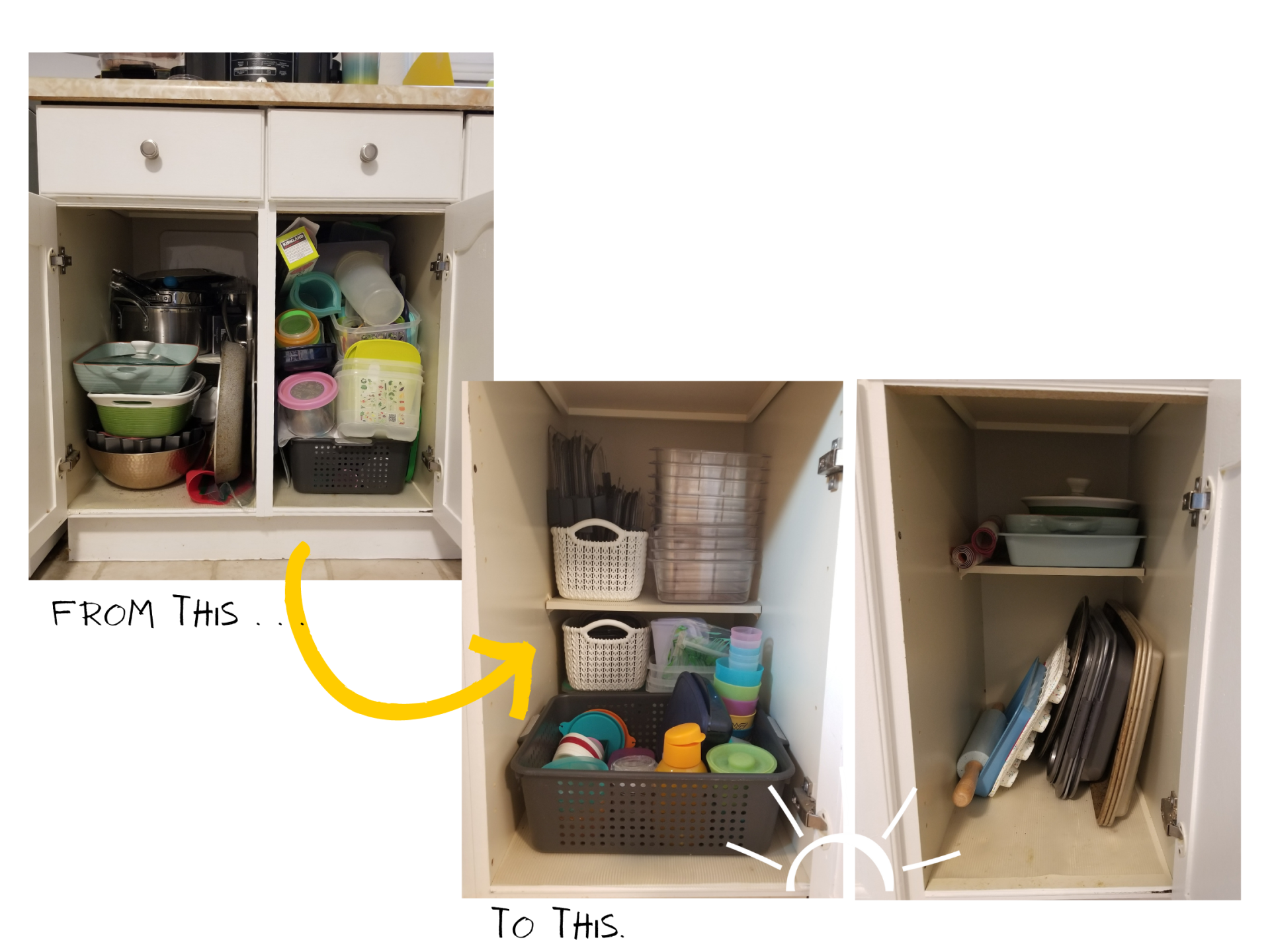 A picture of a kitchen cabinet before and after being organized.