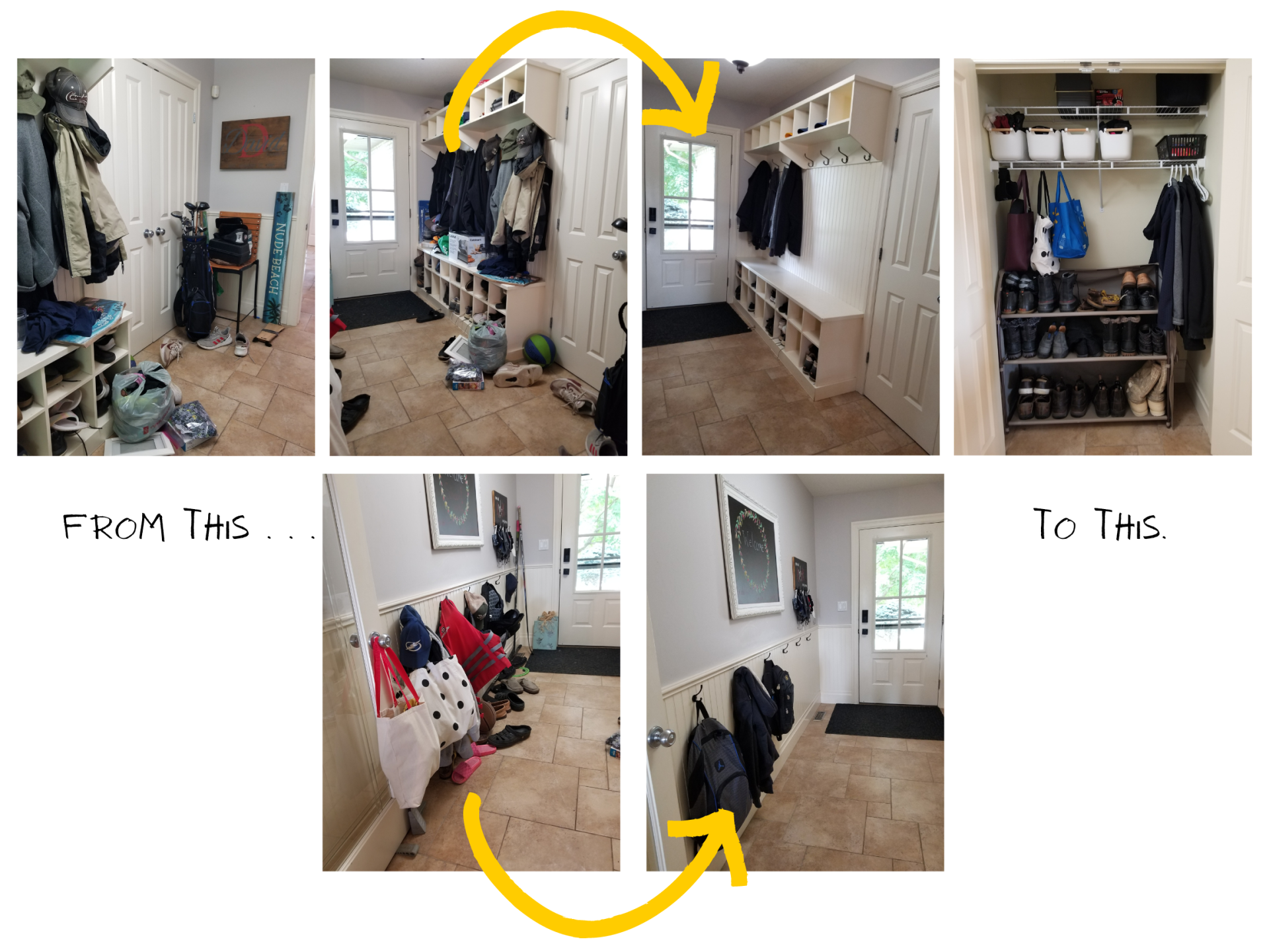 A picture of a mud room before and after being organized