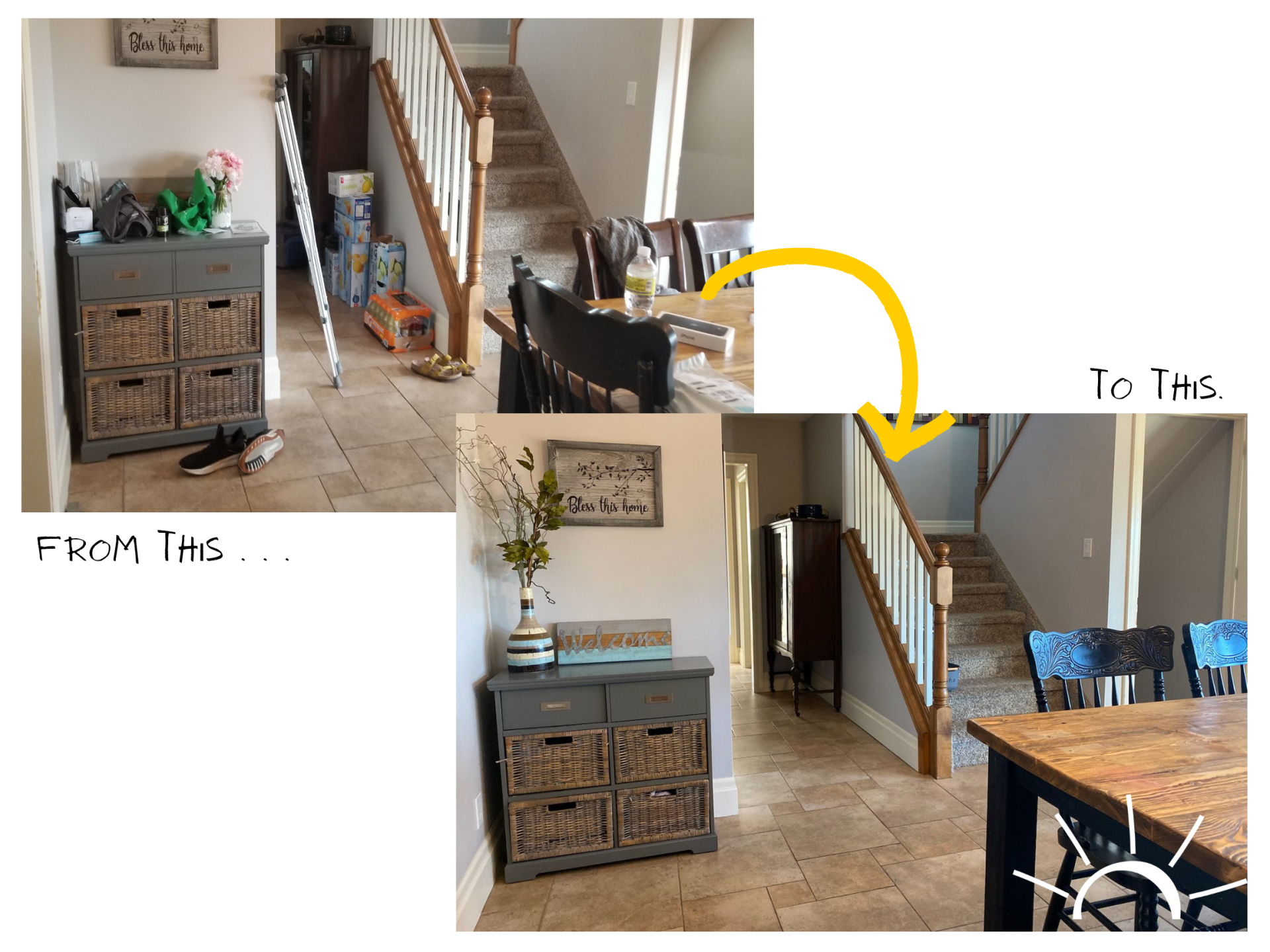 A before and after photo of a living room and stairs.