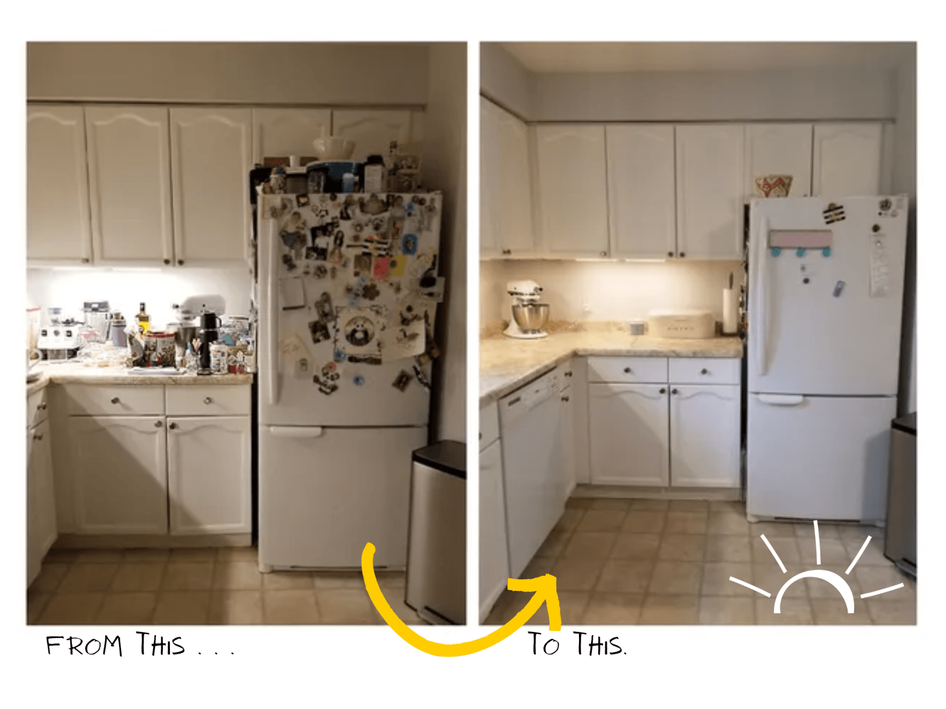 A before and after photo of a kitchen with white cabinets