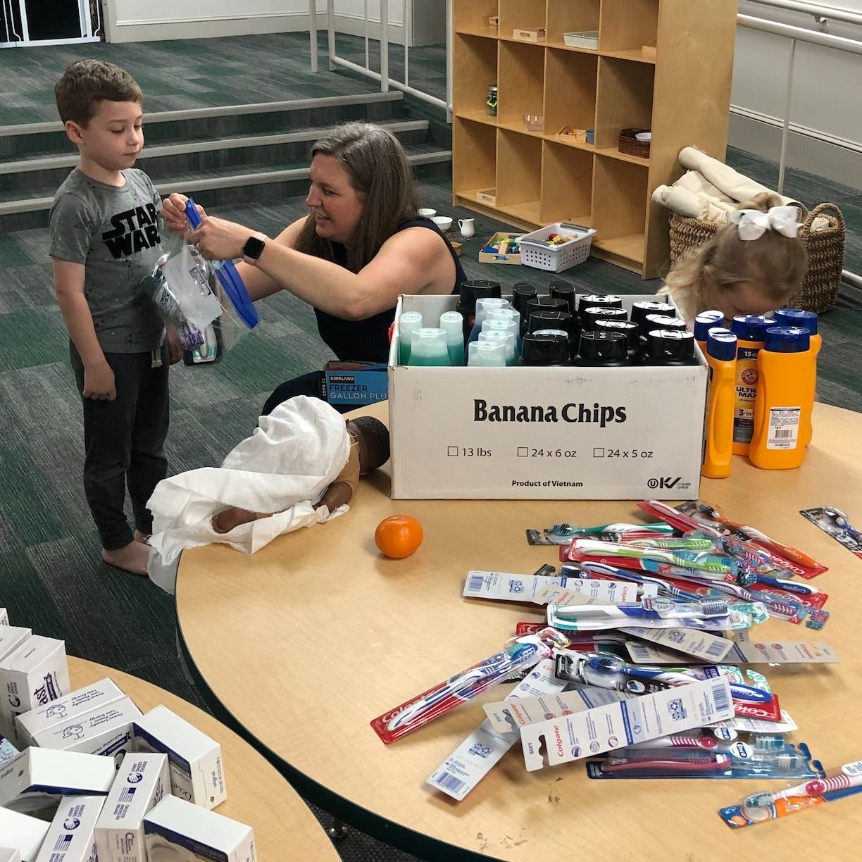 Making care kits with Pastor Katie.