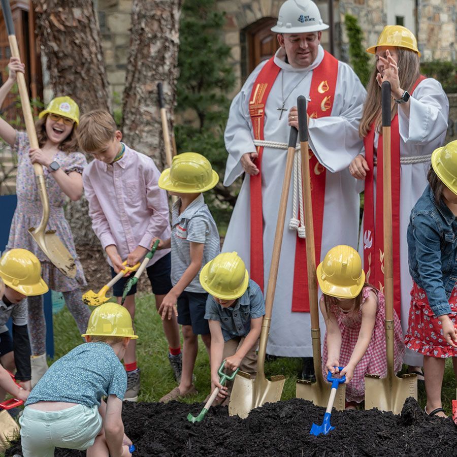 Kids participate in groundbreaking for campus renewal.