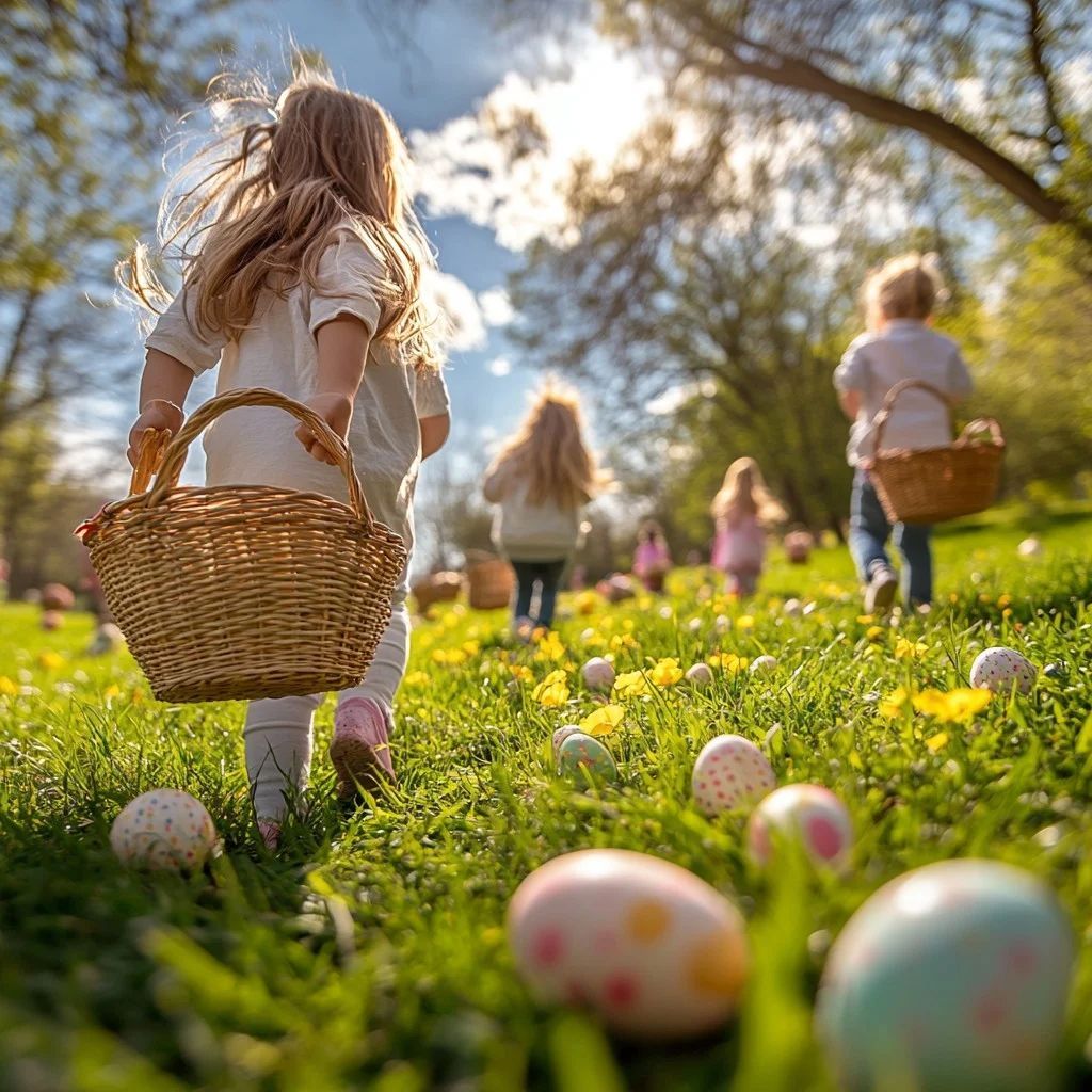 2 girls enjoying easter egg hunt