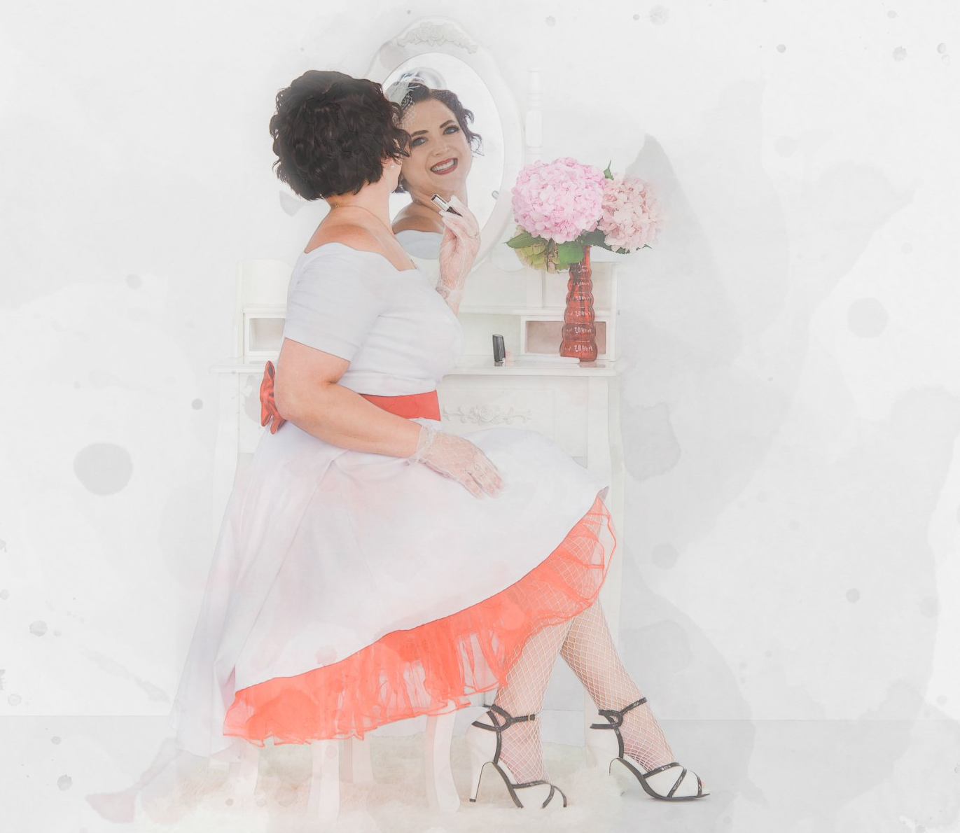 Pinup girl in white dress