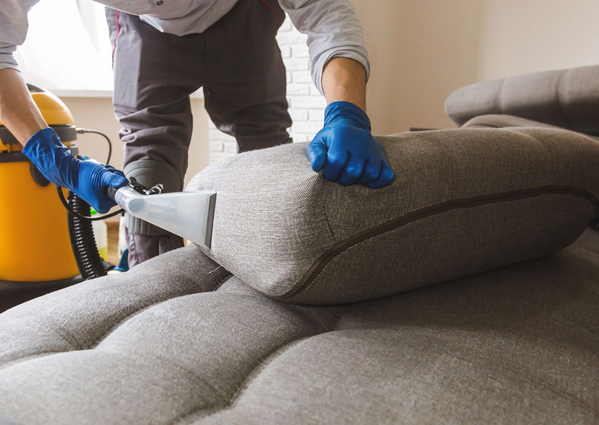 Person in blue gloves cleaning a gray sofa cushion with a vacuum cleaner in a room.