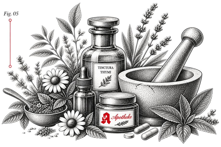 Stillleben mit Kräutermedizin, Mörser und Stößel, Flaschen, Blumen, Blättern und Kapseln