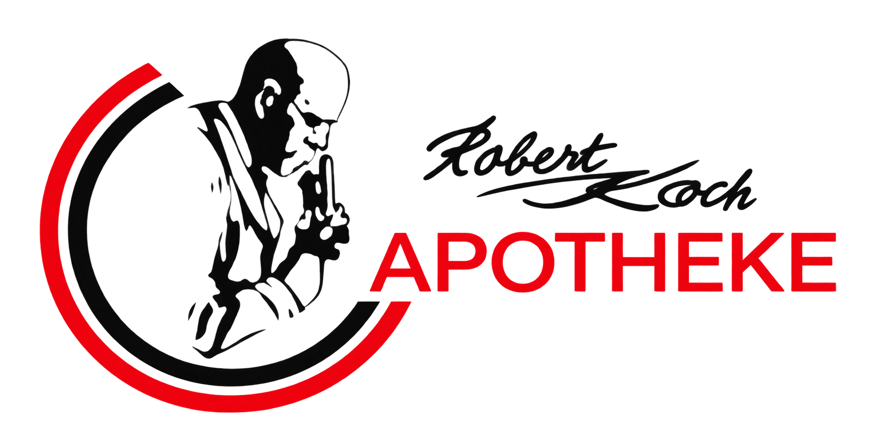 Logo der Robert Koch Apotheke mit schwarz-rotem Kreisemblem und Apothekennamen in roter Schrift