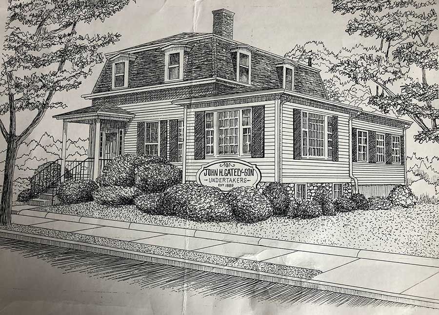 Black and white drawing of a two-story house with a porch, shrubs, and trees.