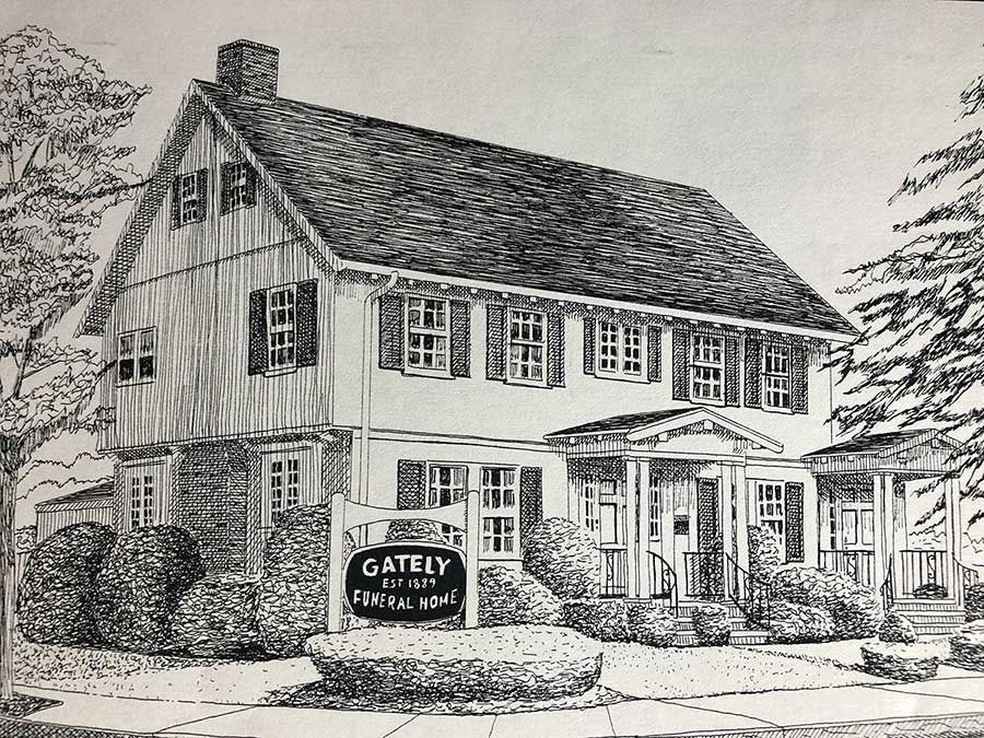 Black and white drawing of a two-story building. Sign reads