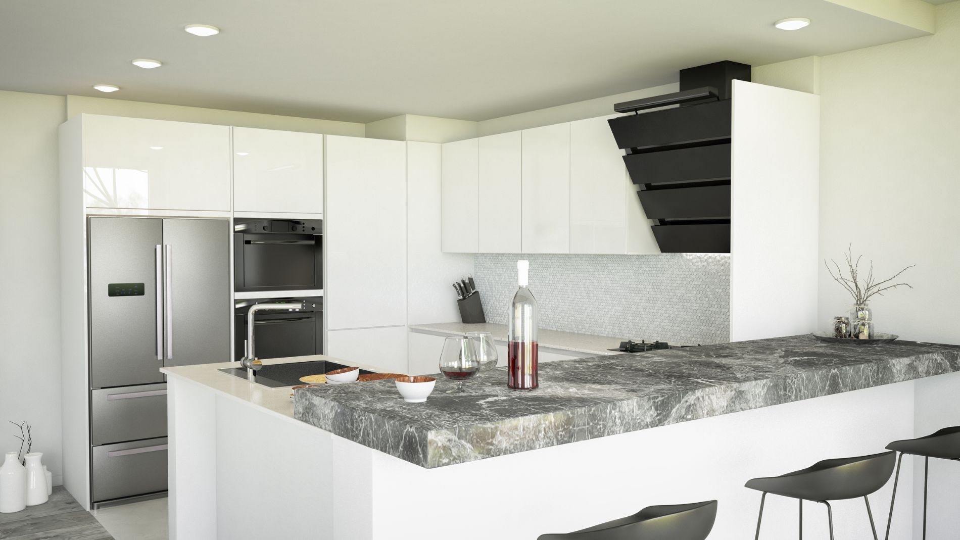 Moderna cucina bianca con elettrodomestici in acciaio inossidabile, isola in granito e cappa nera.
