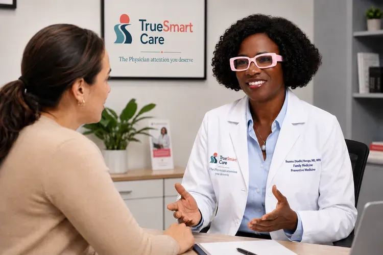 Healthcare provider speaking with a patient in a clinic office, with TrueSmart Care signage in the background.