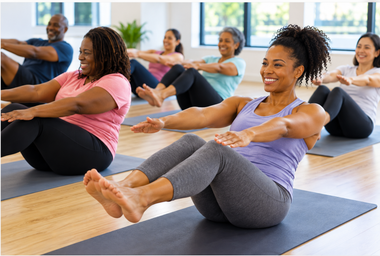 Two people stretching on yoga mats in a studio, reaching forward with arms extended.