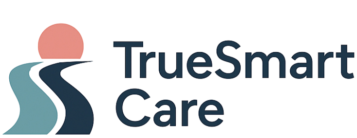 TrueSmart Care logo with teal and navy stylized S icon and coral circle