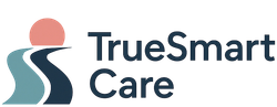 TrueSmart Care logo with teal and navy stylized S icon and coral circle