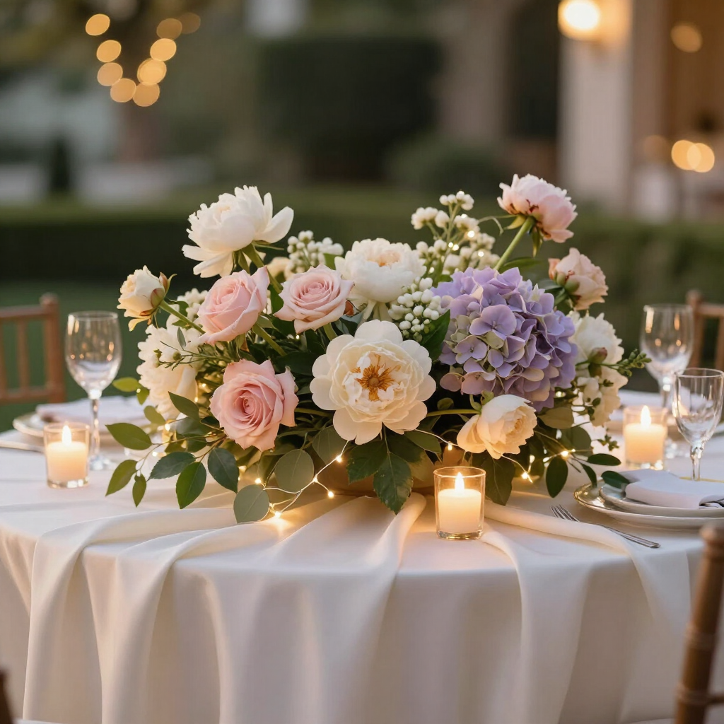 Decoración de boda con flores y luces