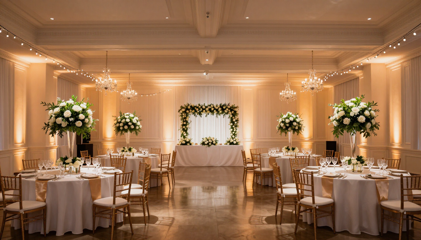Elegante salón para la recepción de una boda, con mesas redondas, manteles blancos, sillas doradas