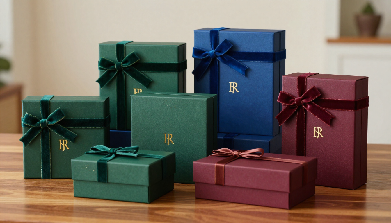 Varias cajas de regalo envueltas en verde, azul y burdeos sobre una mesa de madera.
