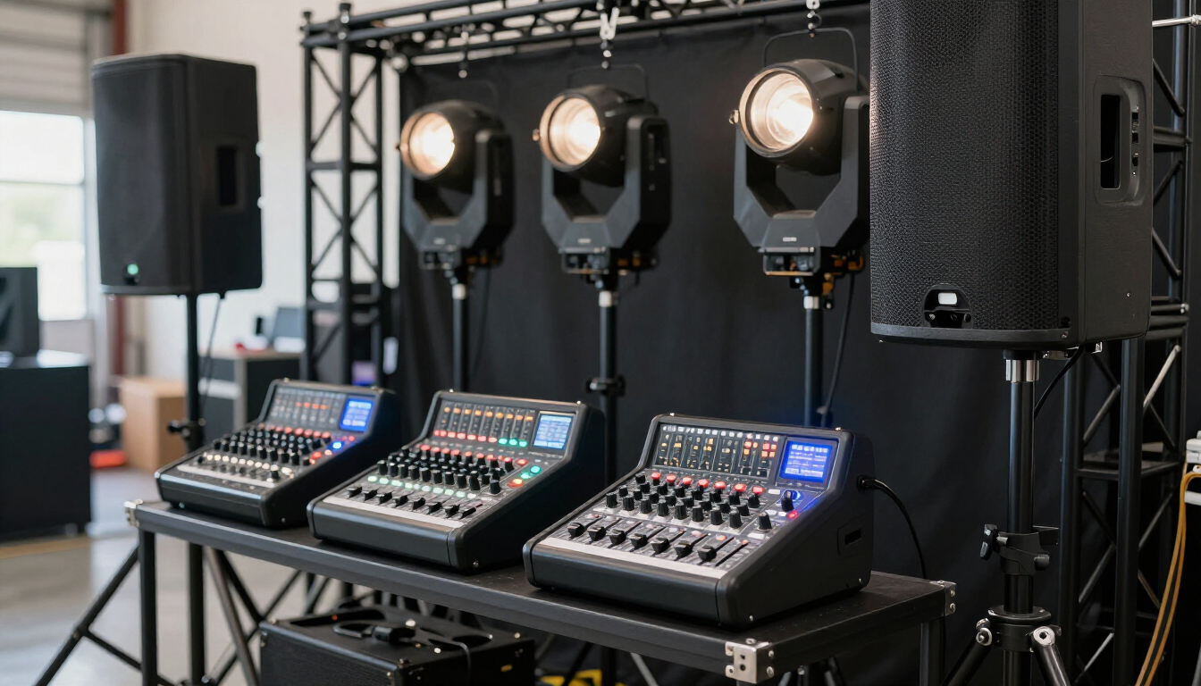 Consolas de control de iluminación y focos de escenario