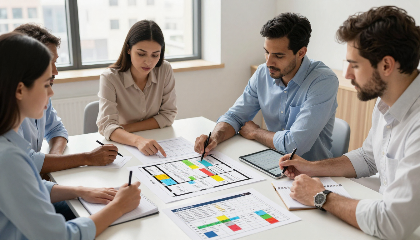 Equipo reunido alrededor de una mesa con gráficos impresos y diagramas coloridos en una oficina luminosa