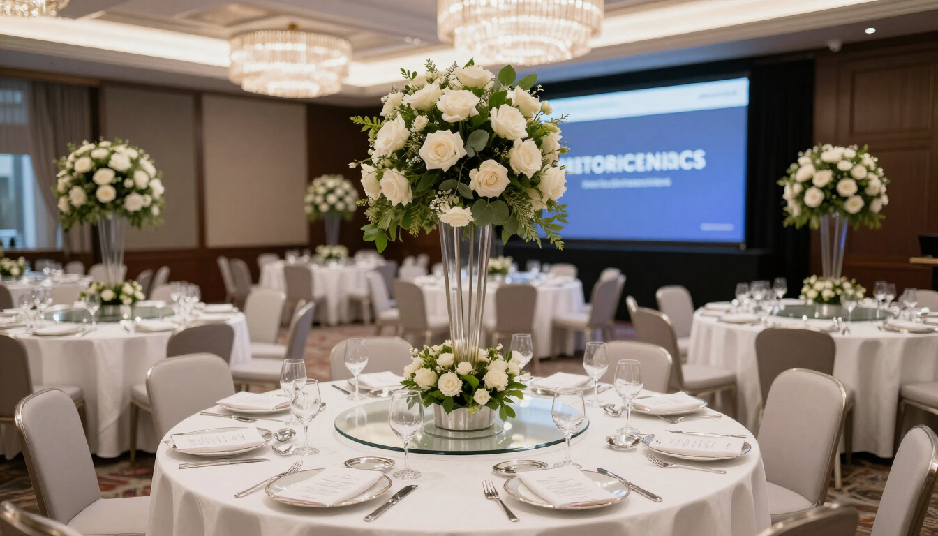 Elegante salón de banquetes preparado para un evento formal