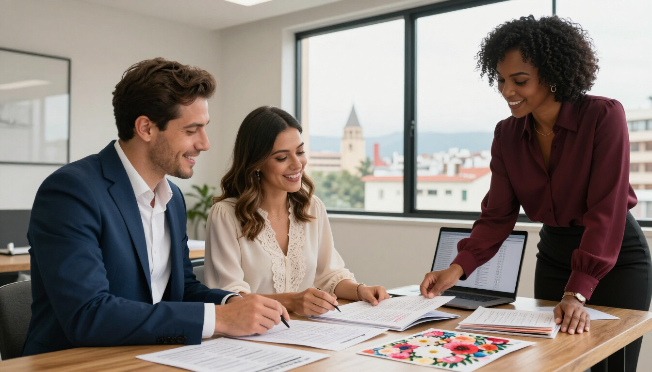 Tres compañeros de trabajo revisan coloridos diseños en una mesa de una oficina luminosa