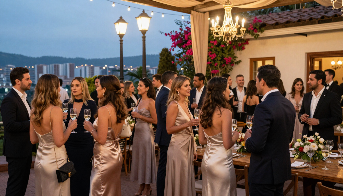 Invitados con atuendos formales conversan en una recepción nocturna al aire libre con vistas al perfil urbano de la ciudad