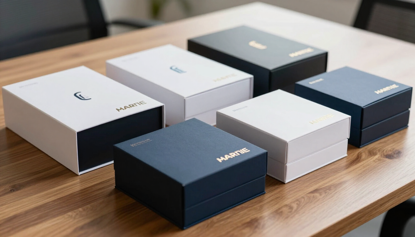 Cajas de productos blancas y azul marino con marca, ordenadas sobre una mesa de madera