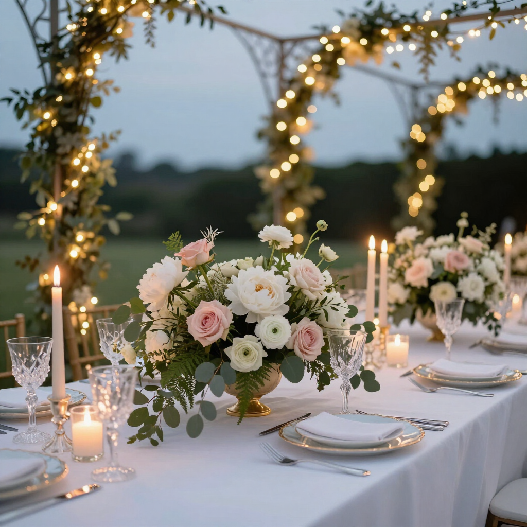 Decoración de boda con flores y luces
