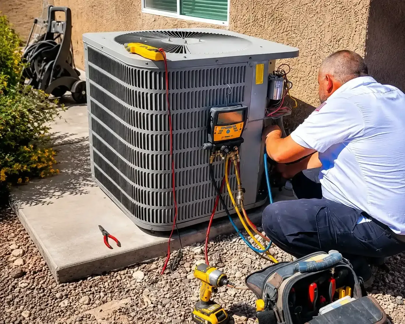 Technician servicing outdoor air conditioner unit with gauges and tools beside a house wall