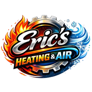 Logo for Eric’s Heating & Air with red winged emblem and blue tools icon