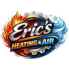 Logo for Eric’s Heating & Air with red winged emblem and blue tools icon