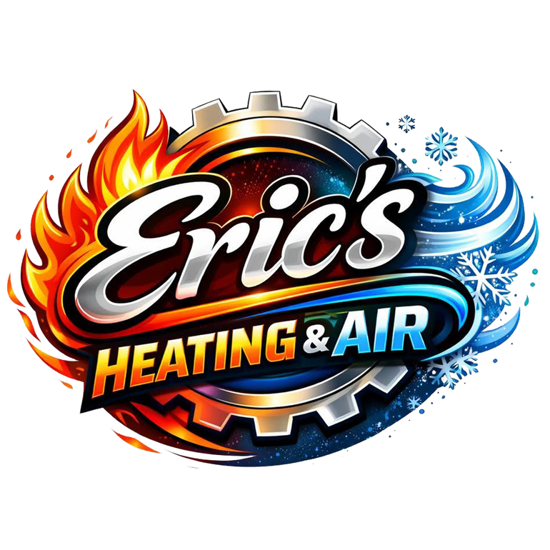 Eric’s Heating & Air logo with flames, blue swirls, and a gear icon