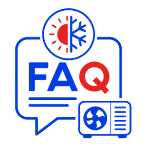 FAQ icon with blue speech bubble, red and blue text, and a small info panel showing a globe and lines