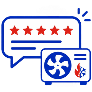 Blue speech bubble with five red stars and an air conditioner icon with fan and snowflake accents.