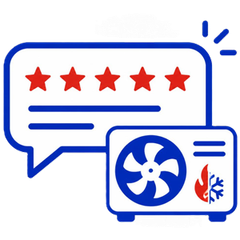 Blue speech bubble with five red stars and an air conditioner icon with fan and snowflake accents.